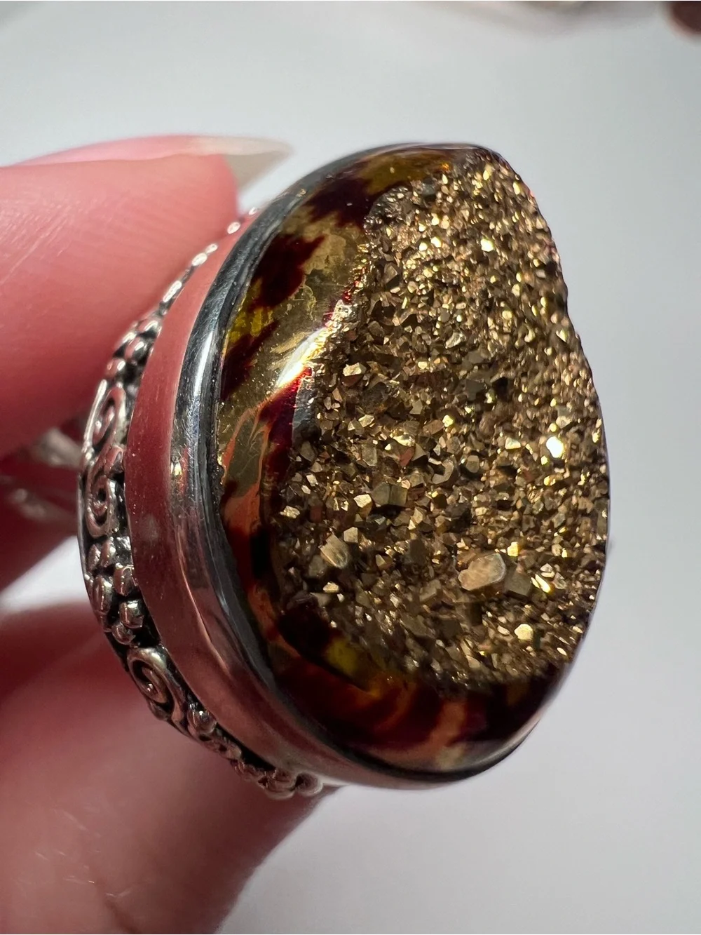Sajen 925 Sterling Silver Gold Druzy Teardrop Bezel Cocktail Ring Size 6
